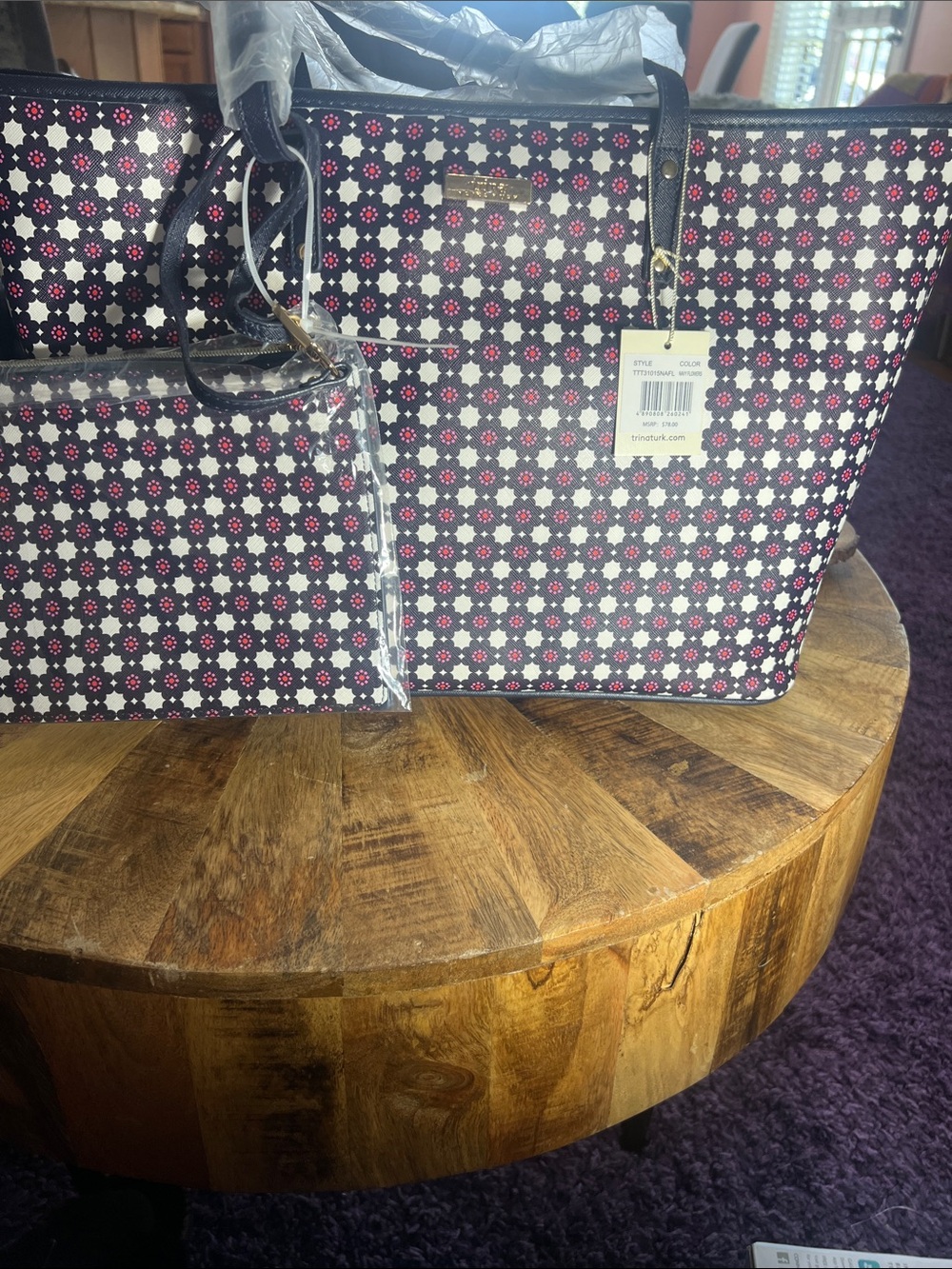 Trina Turk Navy and Pink Floral Tote with Matching Pouch